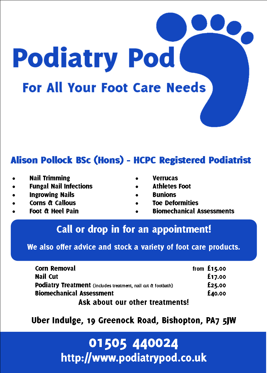 Podiatry Pod, Podiatrist, 19 Greenock Road, Bishopton, Renfrewshire, PA7 5JW, 01505 440024